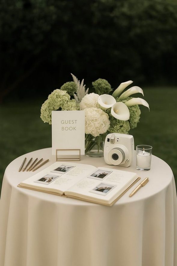 A guest book table with an instant camera, photos and white flowers